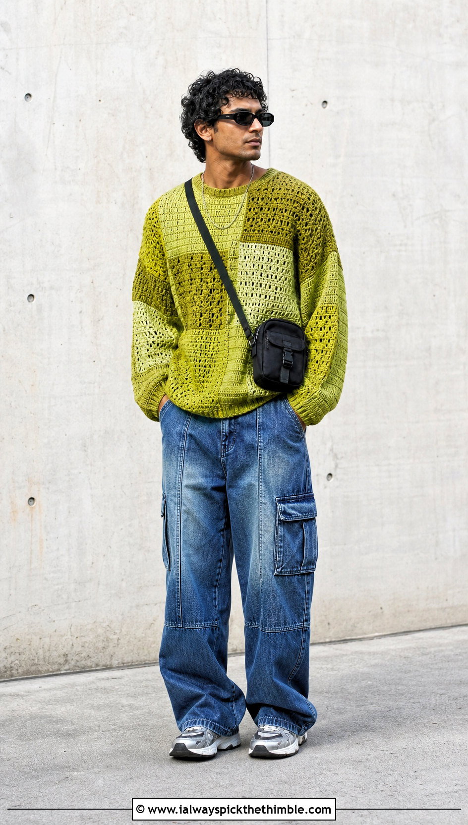 Patchwork Crochet Sweater With Cargo Jeans - 25 crochet sweater for men outfit ideas