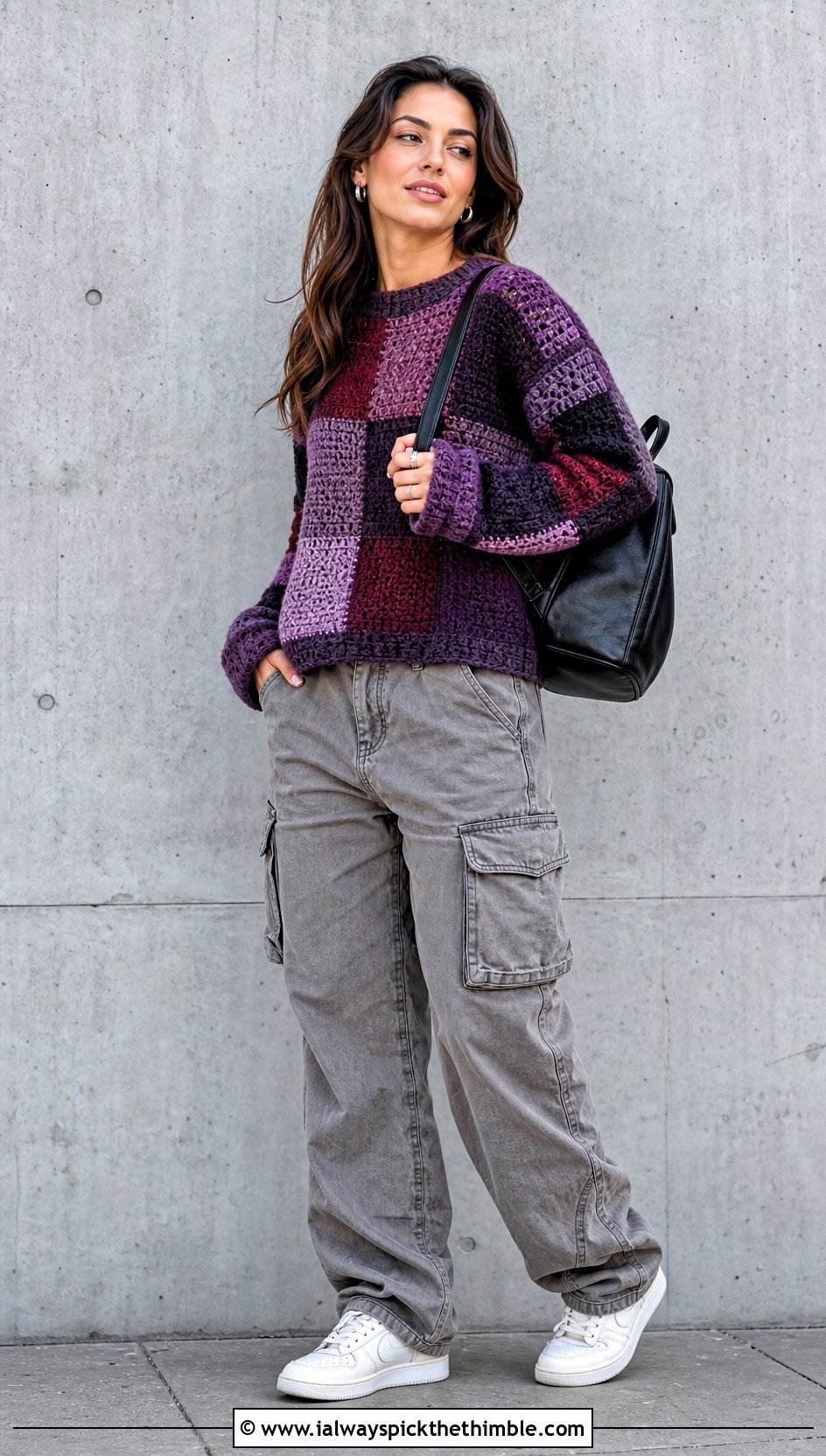 Patchwork Crochet Sweater With Cargo Pants - 15 Crochet Sweater 70S outfit ideas