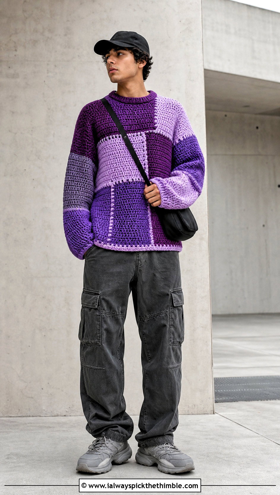 Patchwork Crochet Sweater With Cargo Pants - 20 crochet sweater for man outfit ideas