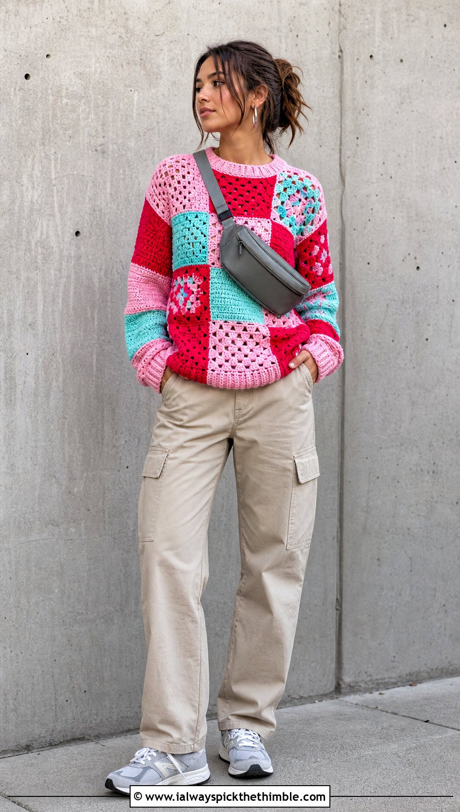 Patchwork Crochet Sweater With Cargo Pants - 20 vintage crochet sweater outfit ideas