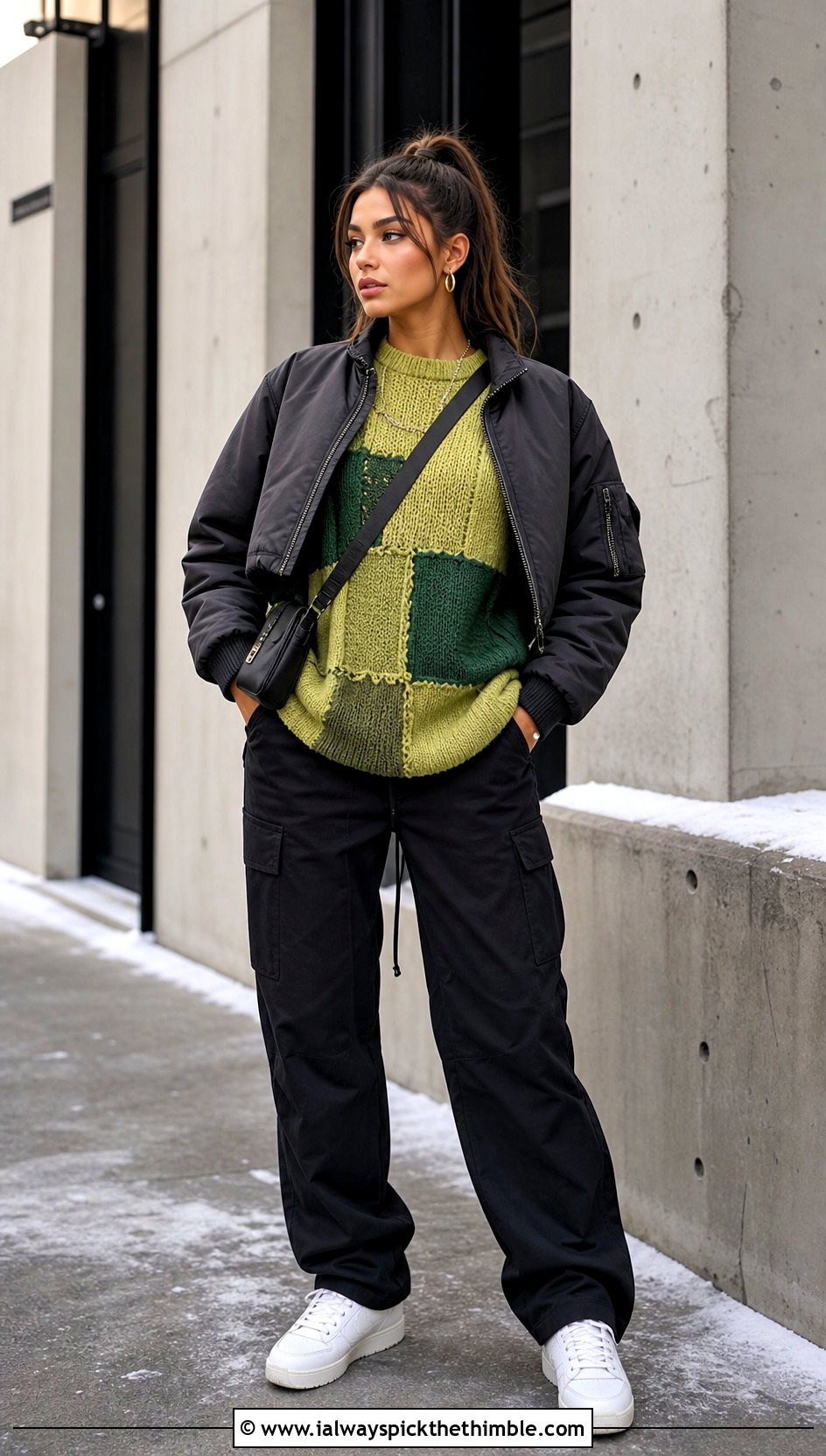 Patchwork Crochet Sweater With Cargo Pants - 20 winter crochet sweater outfit ideas