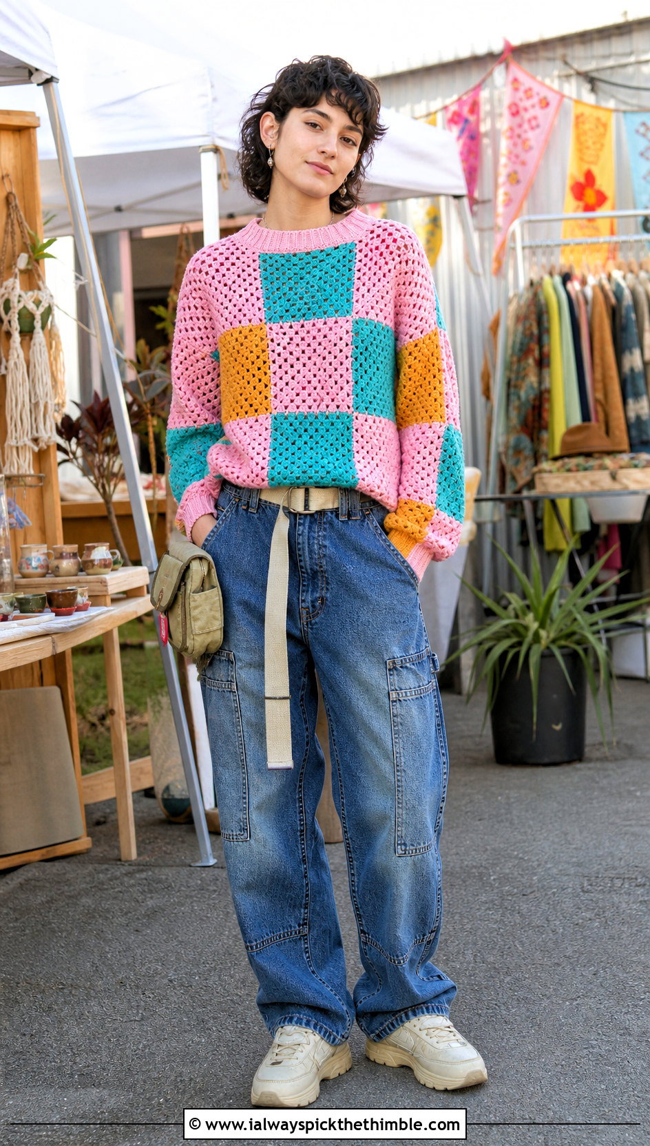 Patchwork Crochet Sweater With Carpenter Jeans - 20 unisex crochet sweater outfit ideas