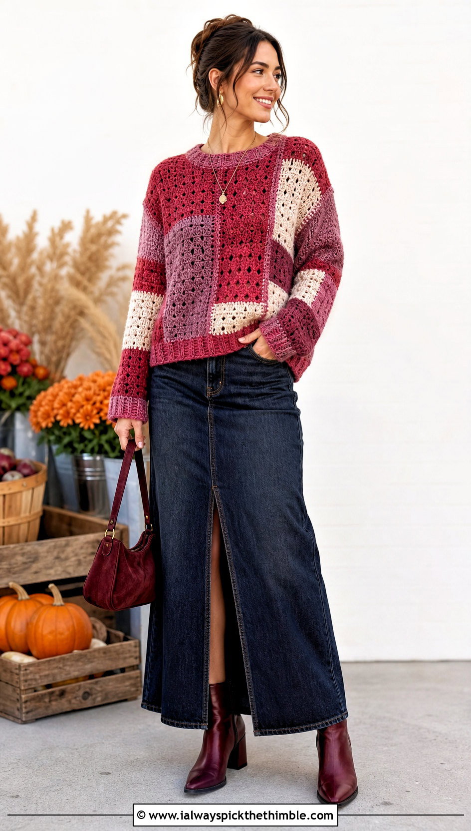 Patchwork Crochet Sweater With Denim Maxi Skirt - 25 cute crochet sweater outfit ideas