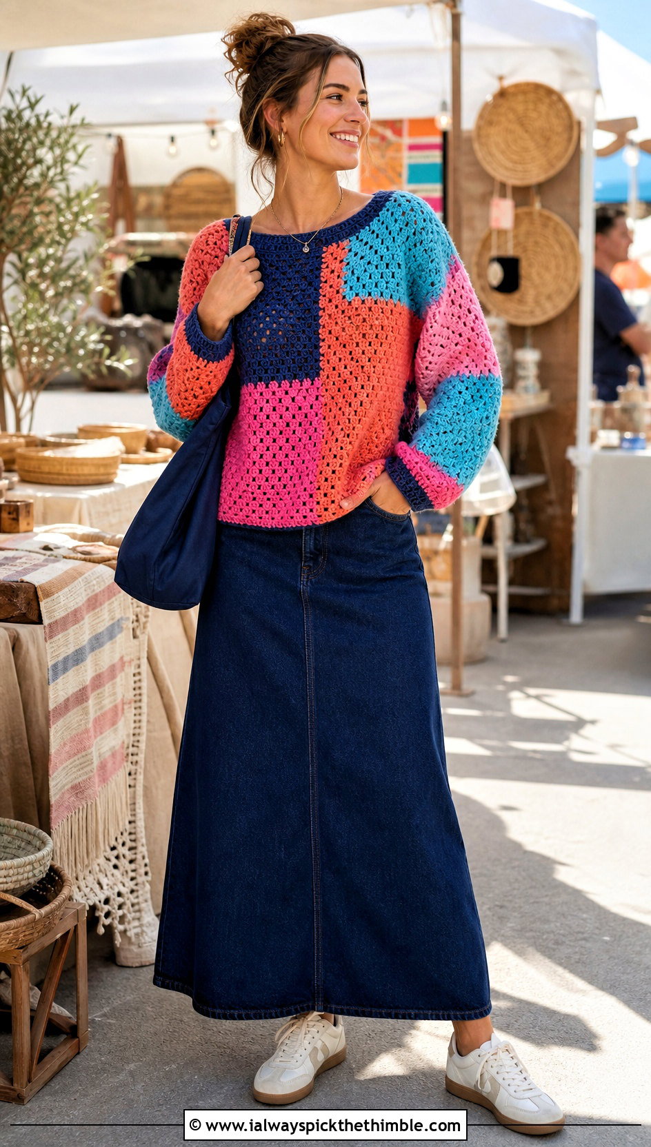 Patchwork Crochet Sweater With Denim Maxi Skirt - 25 crochet sweater design outfit ideas