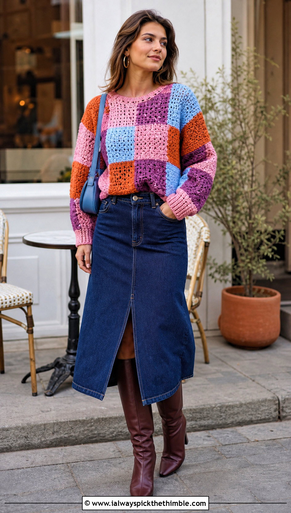 Patchwork Crochet Sweater With Denim Midi Skirt - 25 colorful crochet sweater outfit ideas