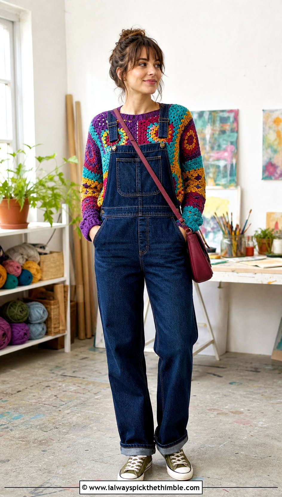 Patchwork Crochet Sweater With Denim Overalls - 25 crochet sweater for women outfit ideas