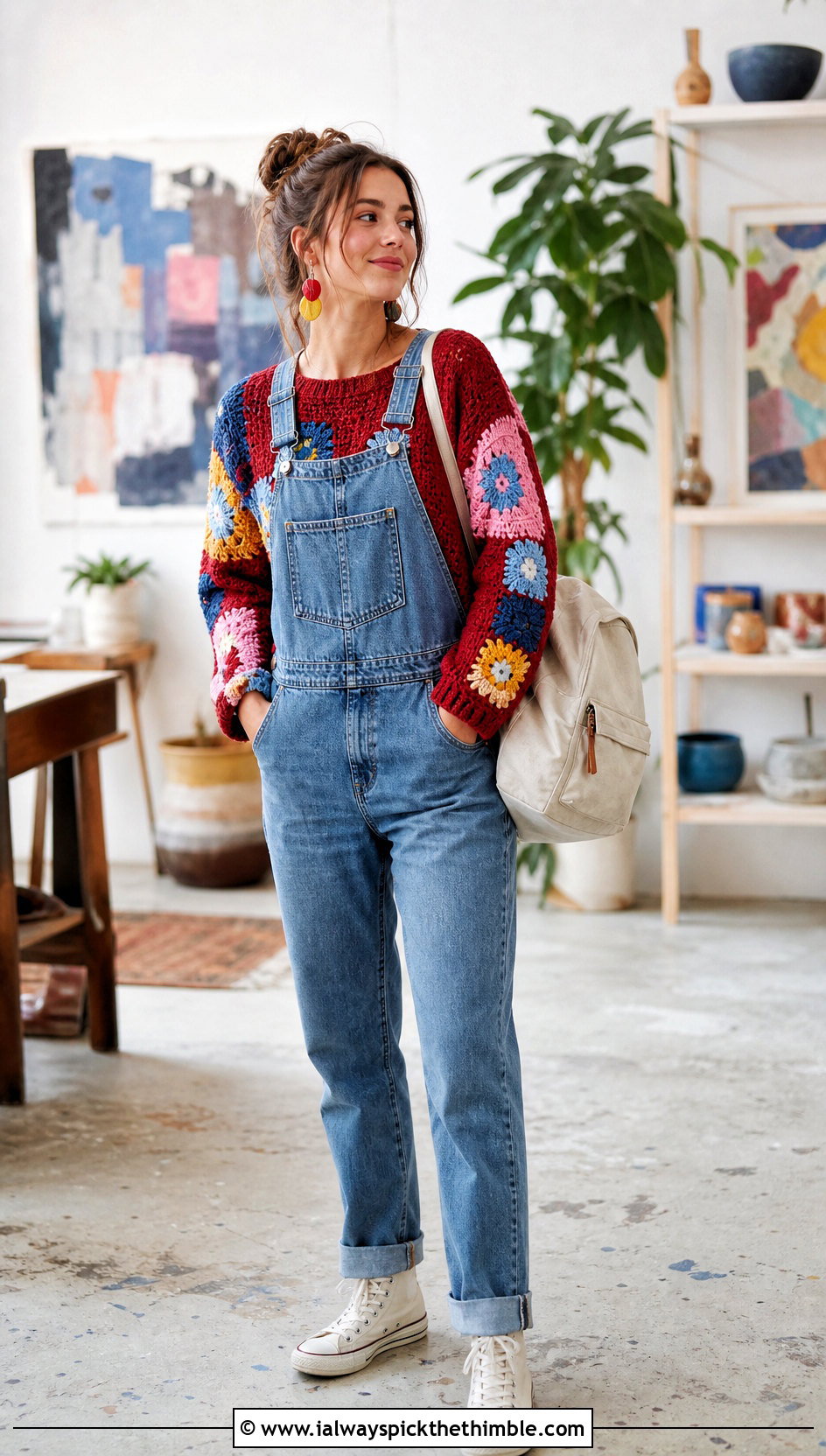 Patchwork Crochet Sweater With Denim Overalls - 25 crochet sweater outfit ideas