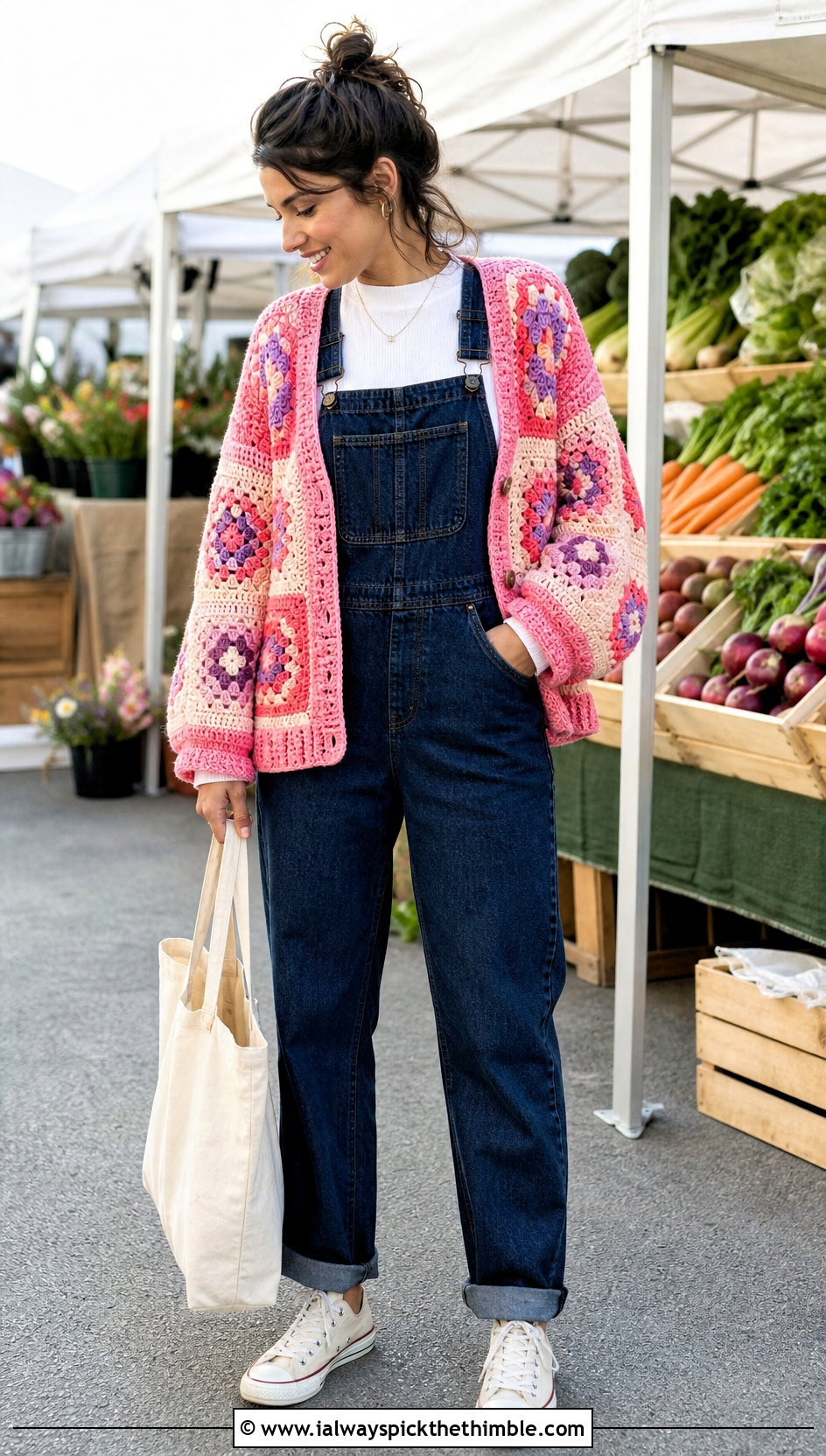 Patchwork Crochet Sweater With Denim Overalls - 20 long crochet sweater outfit ideas