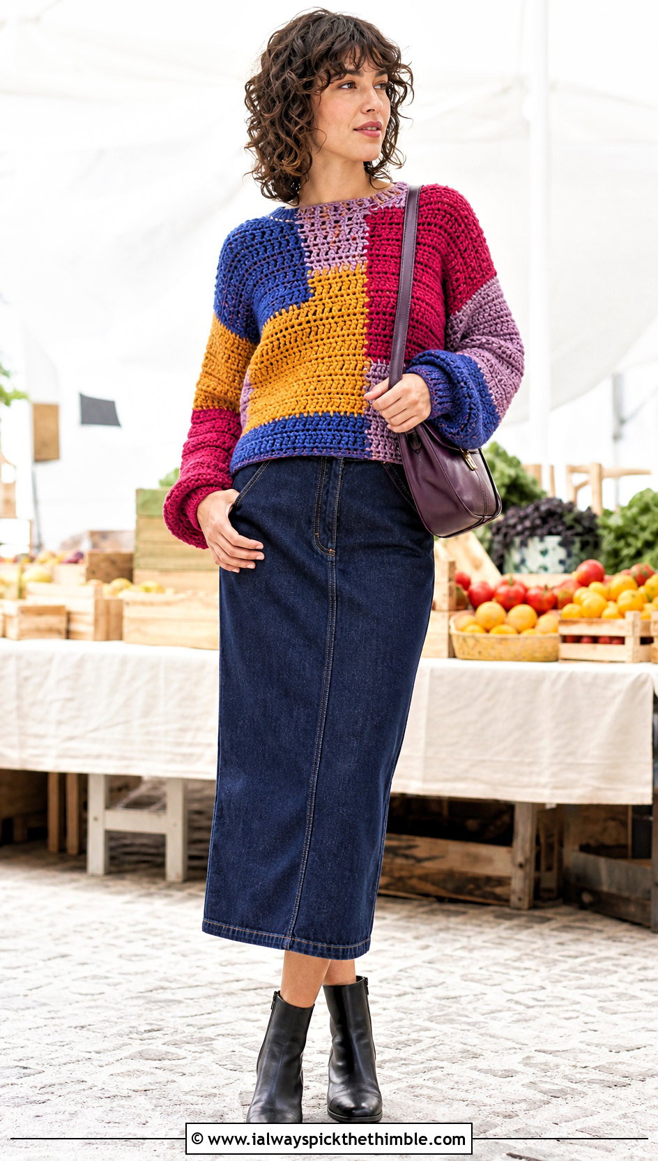 Patchwork Crochet Sweater With Denim Skirt - 25 simple crochet sweater outfit ideas