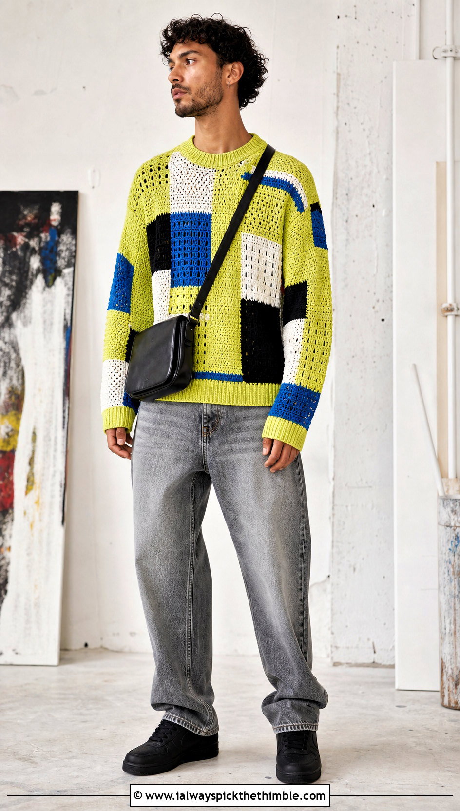 Patchwork Crochet Sweater With Gray Jeans - 25 crochet mens sweater outfit ideas