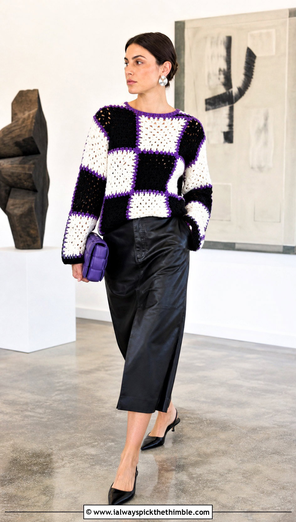 Patchwork Crochet Sweater With Leather Midi Skirt - 25 black and white crochet sweater outfit ideas