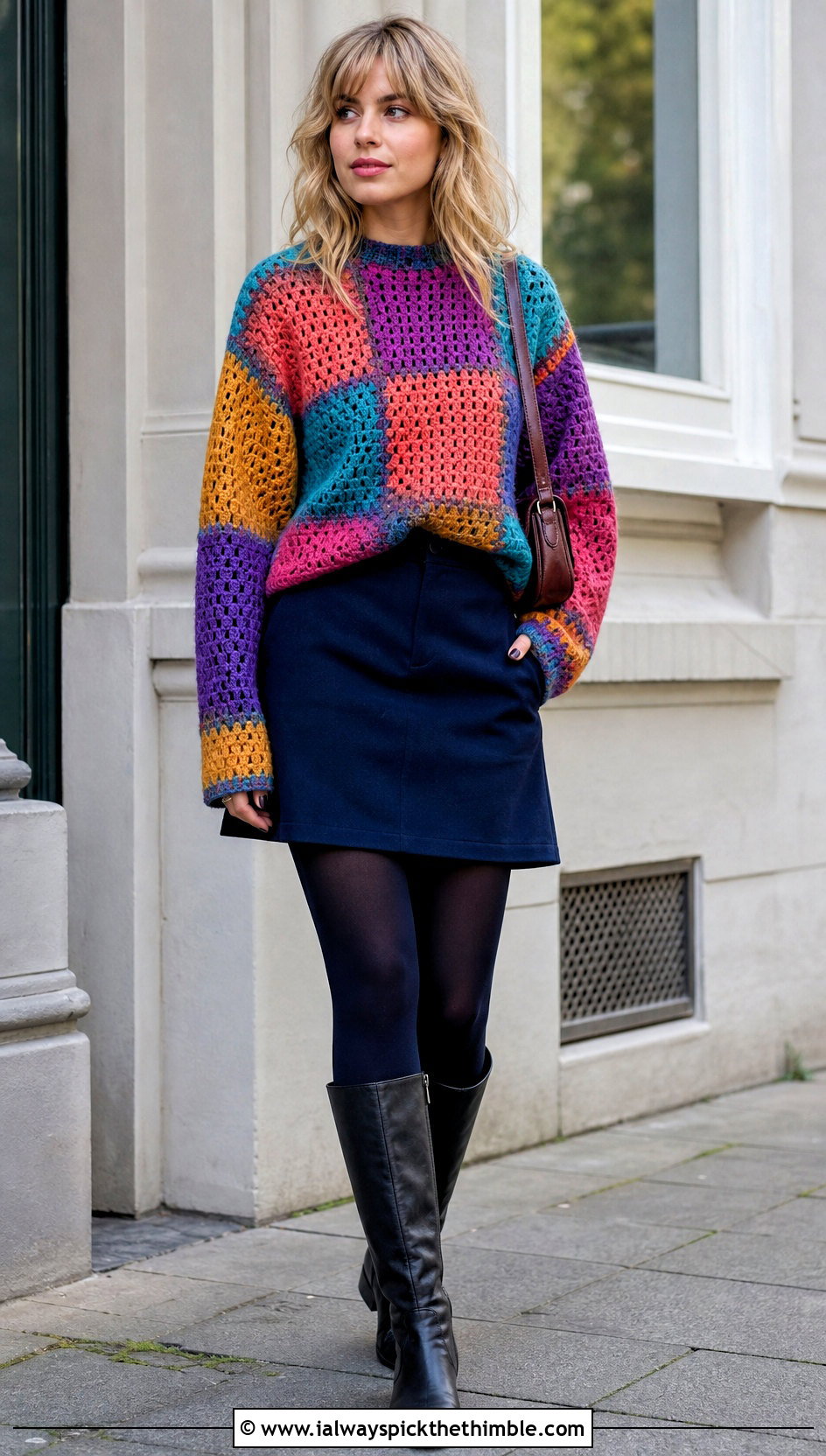 Patchwork Crochet Sweater With Mini Skirt And Tights - 15 crochet sweater collection outfit ideas