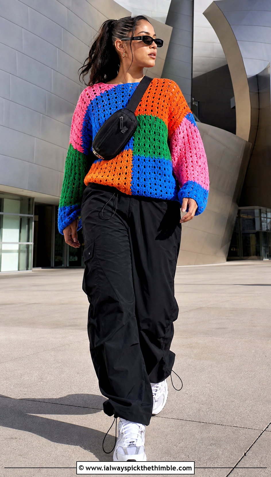 Patchwork Crochet Sweater With Parachute Pants - 20 Crochet Textured Sweater outfit ideas