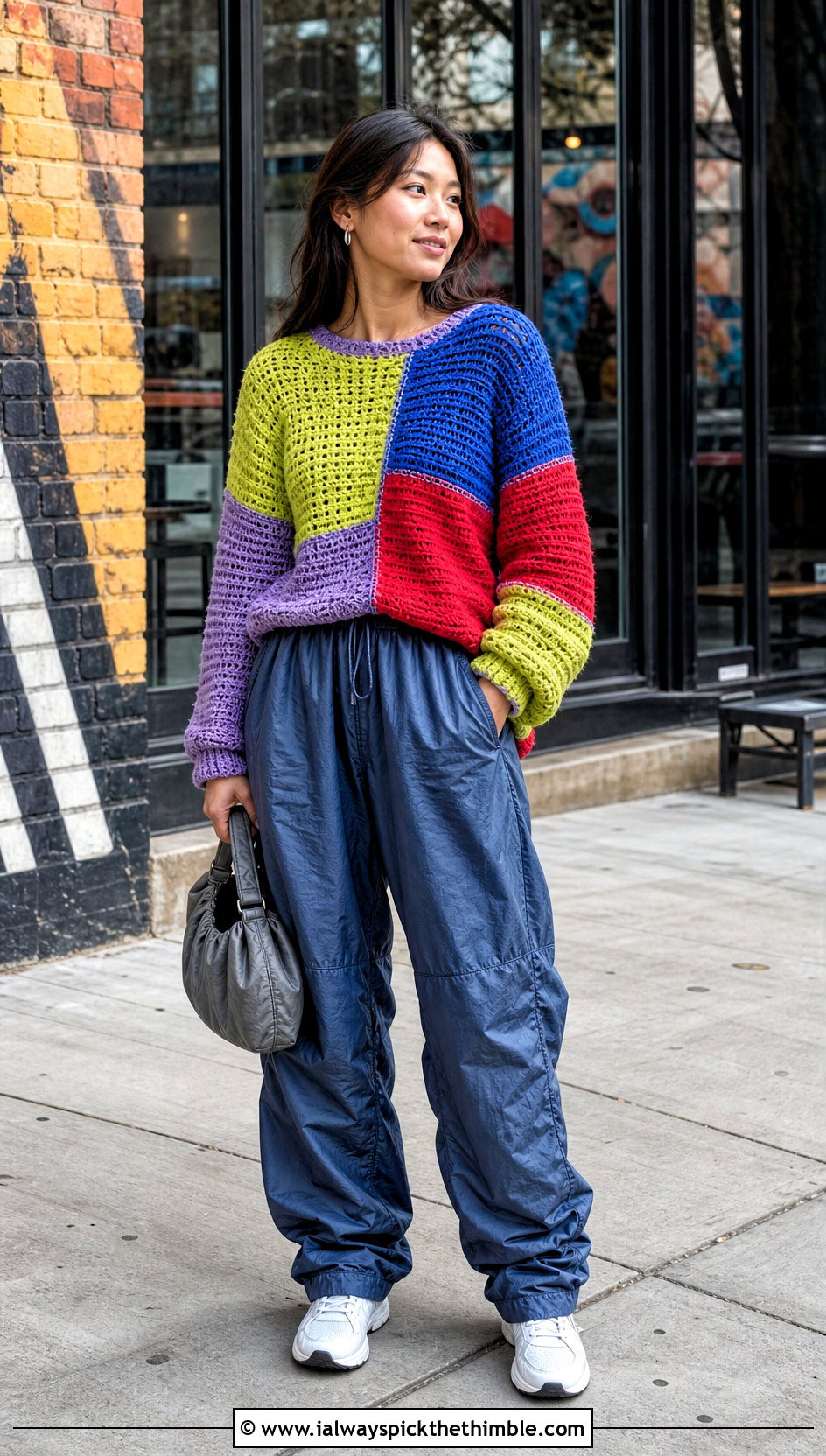 Patchwork Crochet Sweater With Parachute Pants - 20 Woman Crochet Sweater outfit ideas