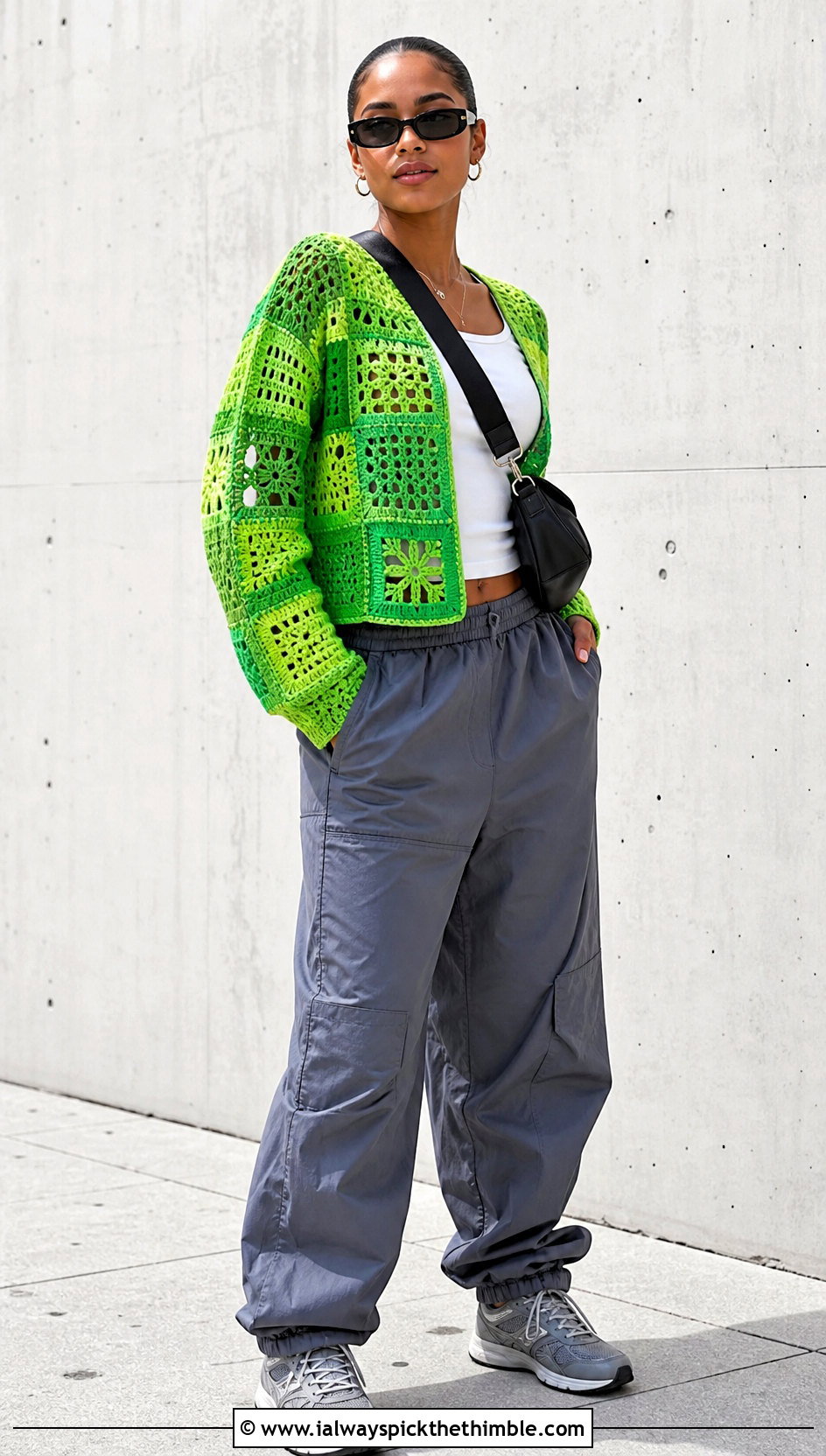 Patchwork Crochet Sweater With Parachute Pants - 20 Womens Crochet Sweater outfit ideas