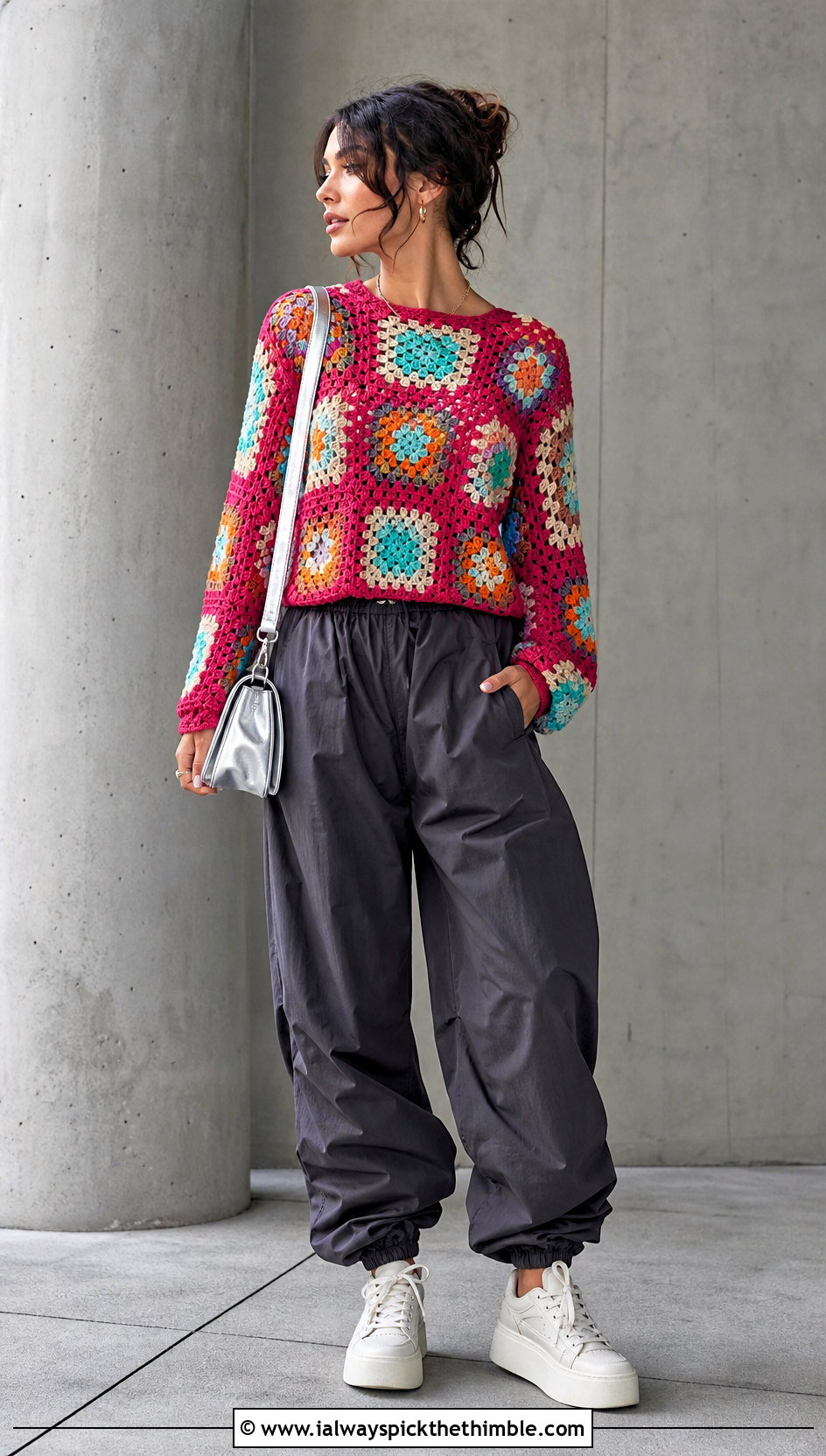 Patchwork Crochet Sweater With Parachute Pants - 25 easy crochet sweater outfit ideas