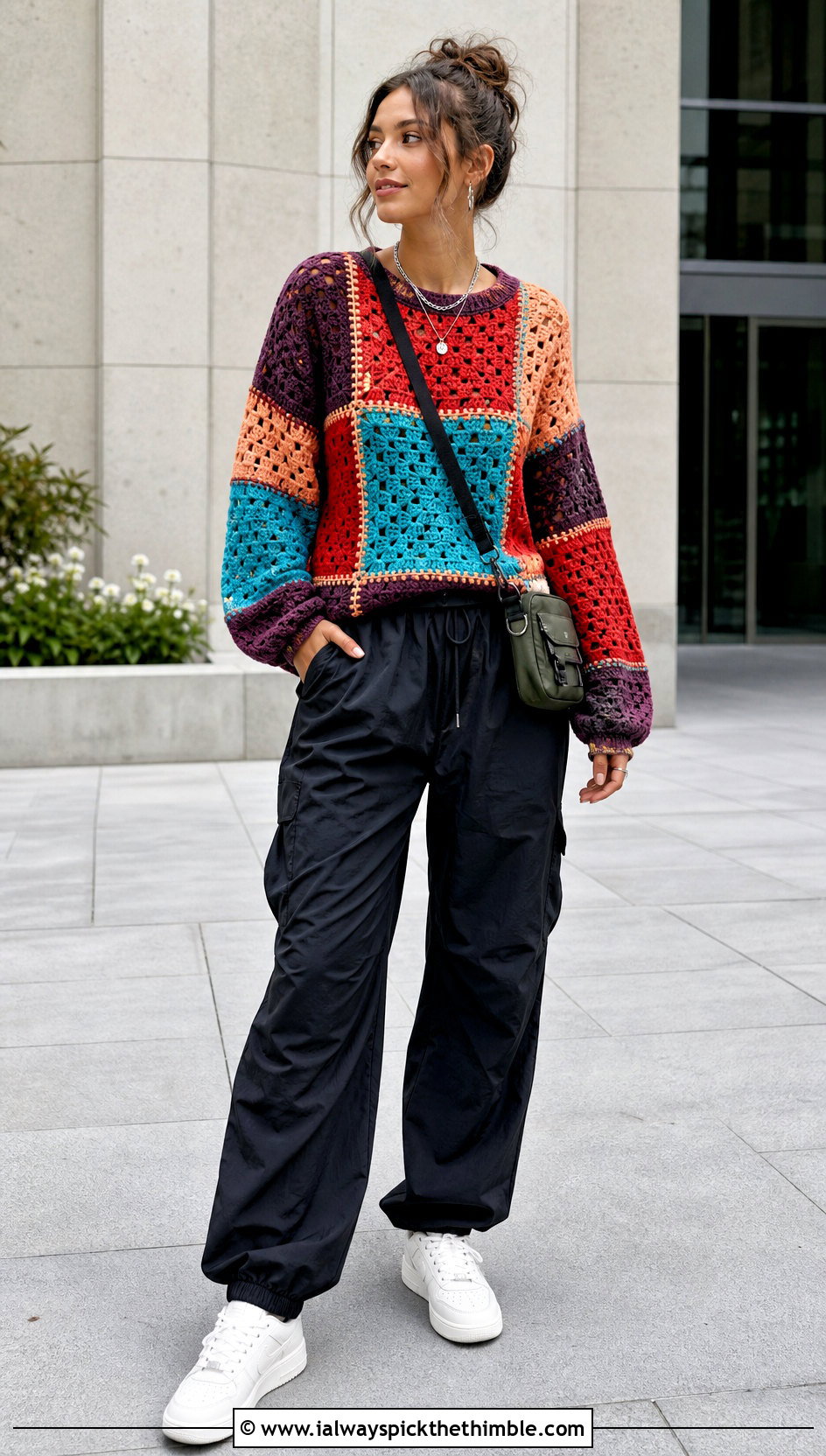 Patchwork Crochet Sweater With Parachute Pants - 15 Crochet Projects Sweaters outfit ideas