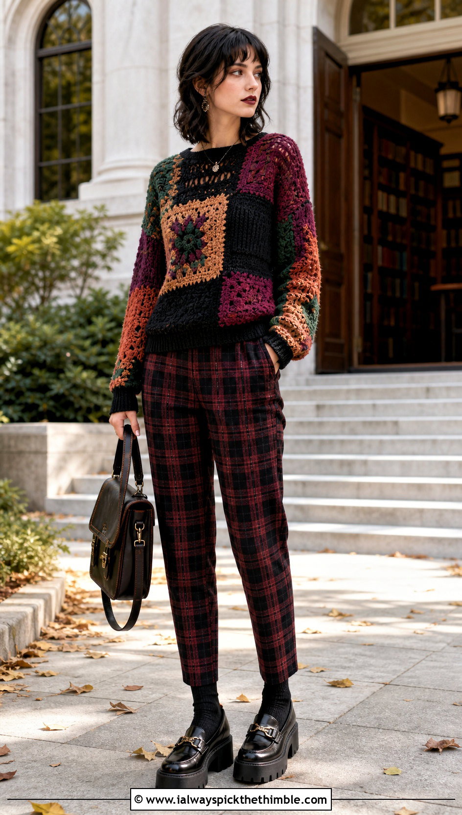 Patchwork Crochet Sweater With Plaid Trousers - 20 alt crochet sweater outfit ideas