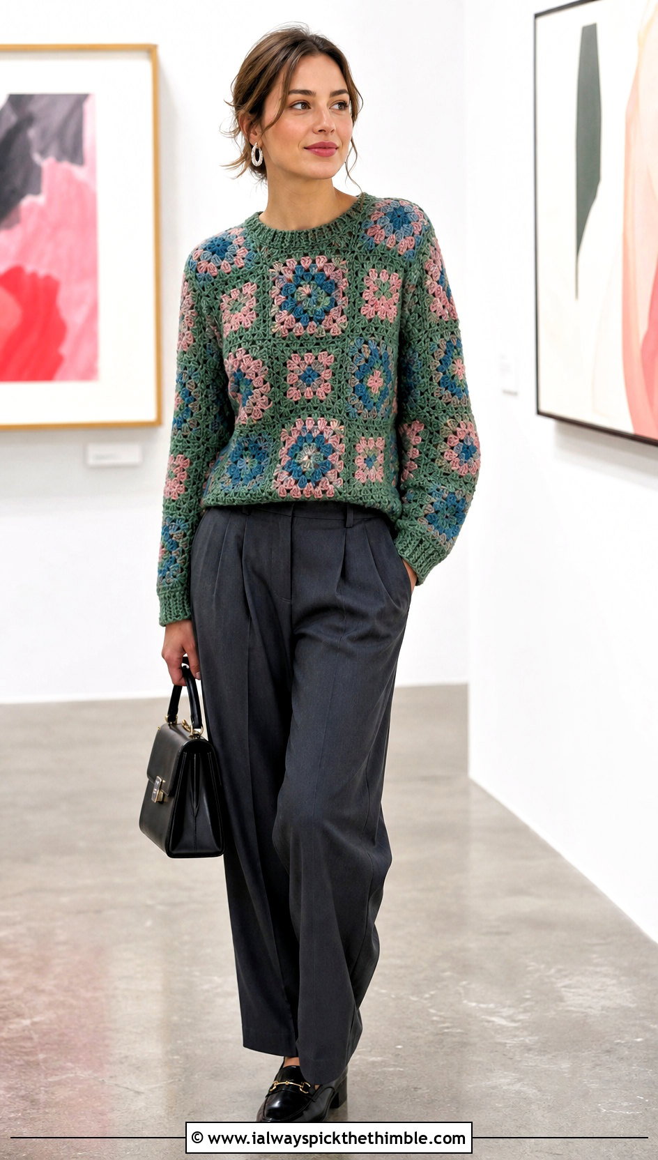 Patchwork Crochet Sweater With Pleated Suit Trousers - 20 Valentines Day Crochet Sweater outfit ideas