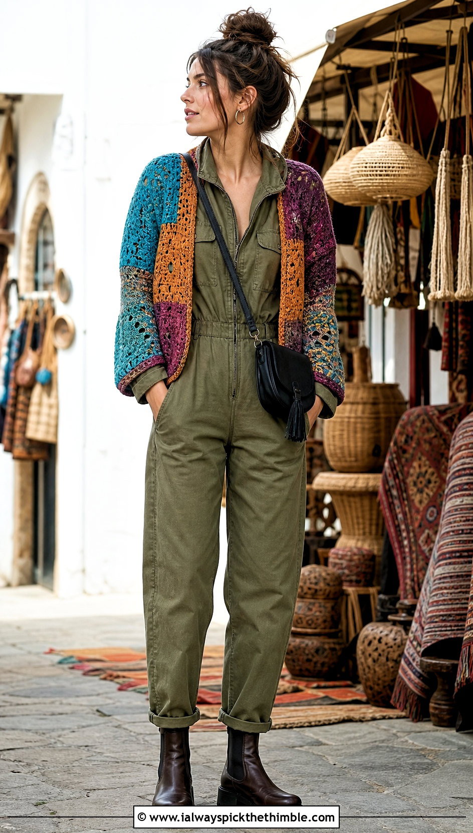 Patchwork Crochet Sweater With Utility Jumpsuit - 20 crochet key sweater outfit ideas