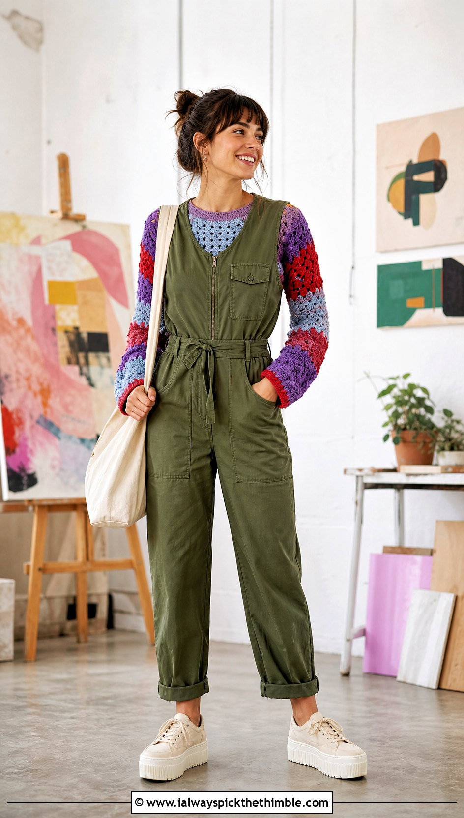 Patchwork Crochet Sweater With Utility Jumpsuit - 25 crochet sweater design for women outfit ideas