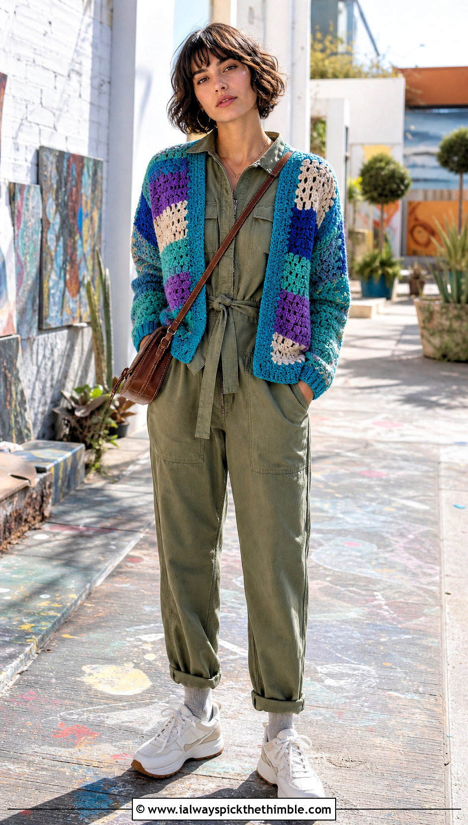 Patchwork Crochet Sweater With Utility Jumpsuit - 20 Comfy Crochet Sweater outfit ideas