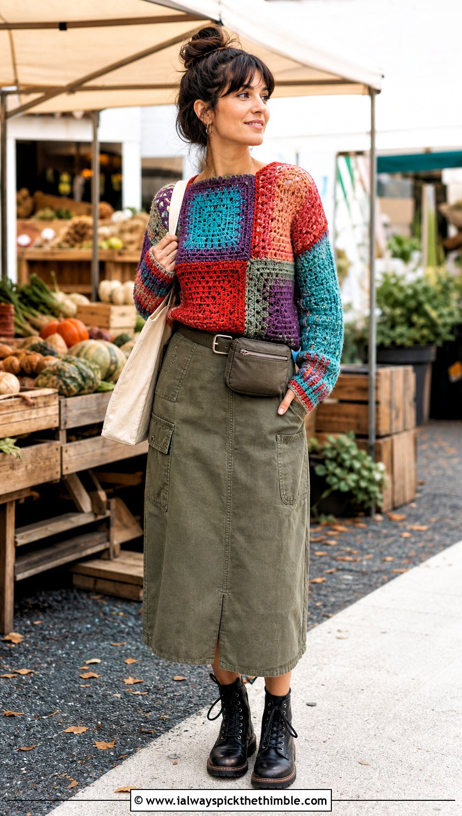 Patchwork Crochet Sweater With Utility Midi Skirt - 20 fall crochet sweaters outfit ideas