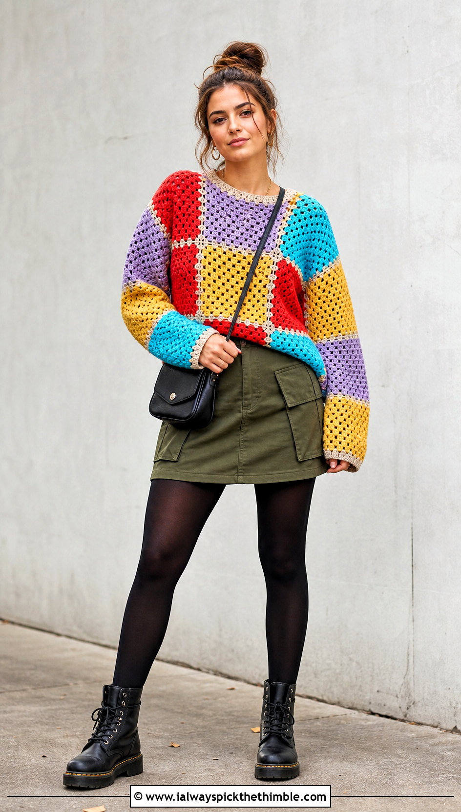 Patchwork Crochet Sweater With Utility Mini Skirt - 25 easy crochet sweaters outfit ideas
