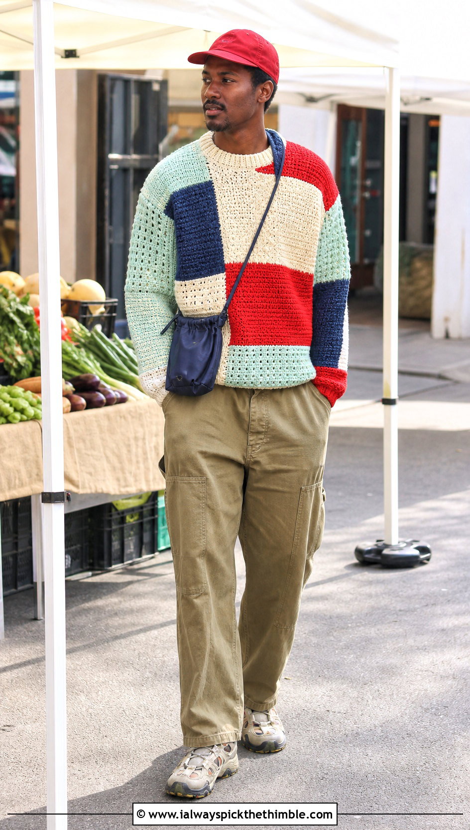 Patchwork Crochet Sweater With Utility Trousers - 25 crochet man sweaters outfit ideas