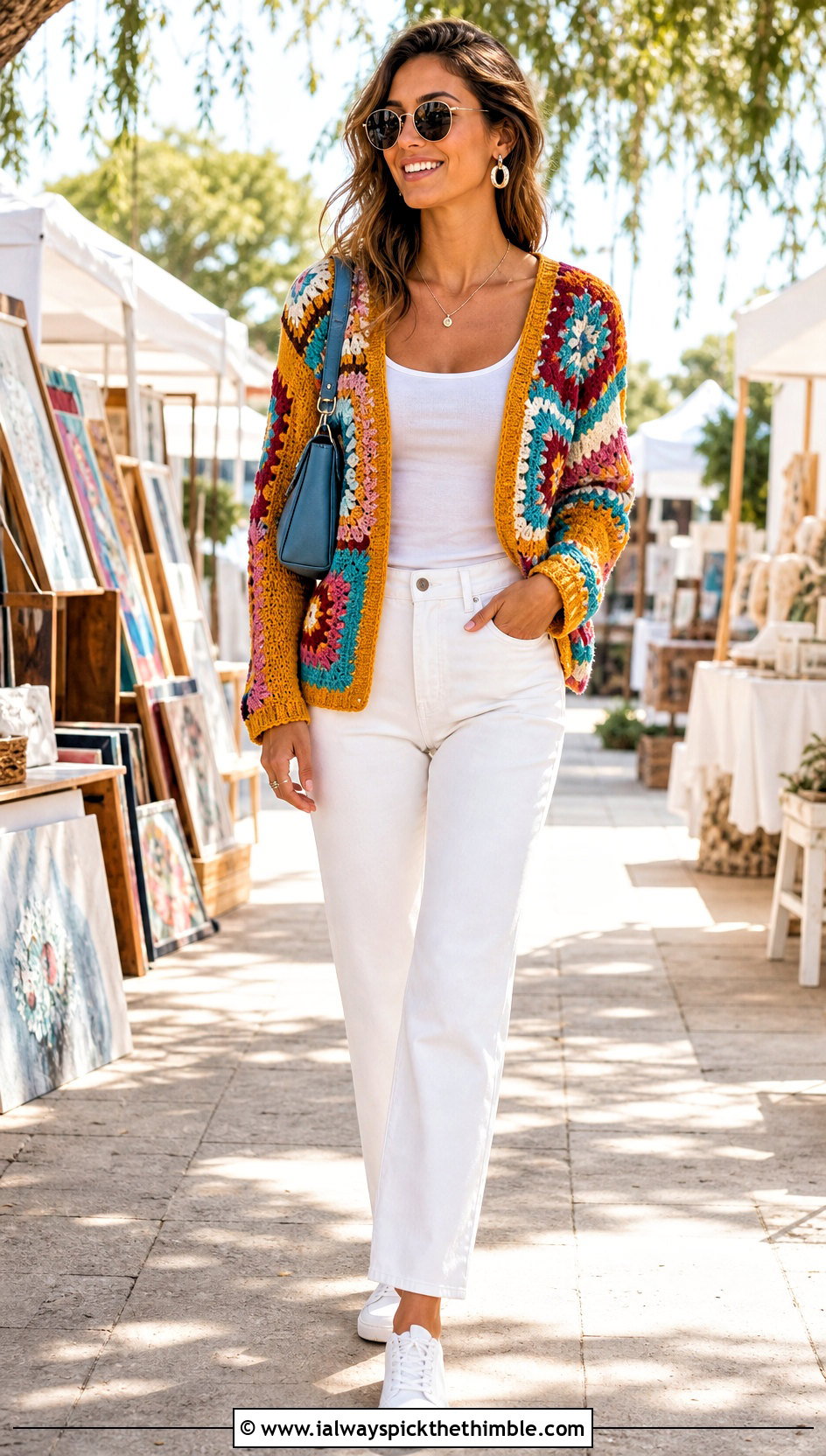 Patchwork Crochet Sweater With White Denim - 25 summer crochet sweater outfit ideas