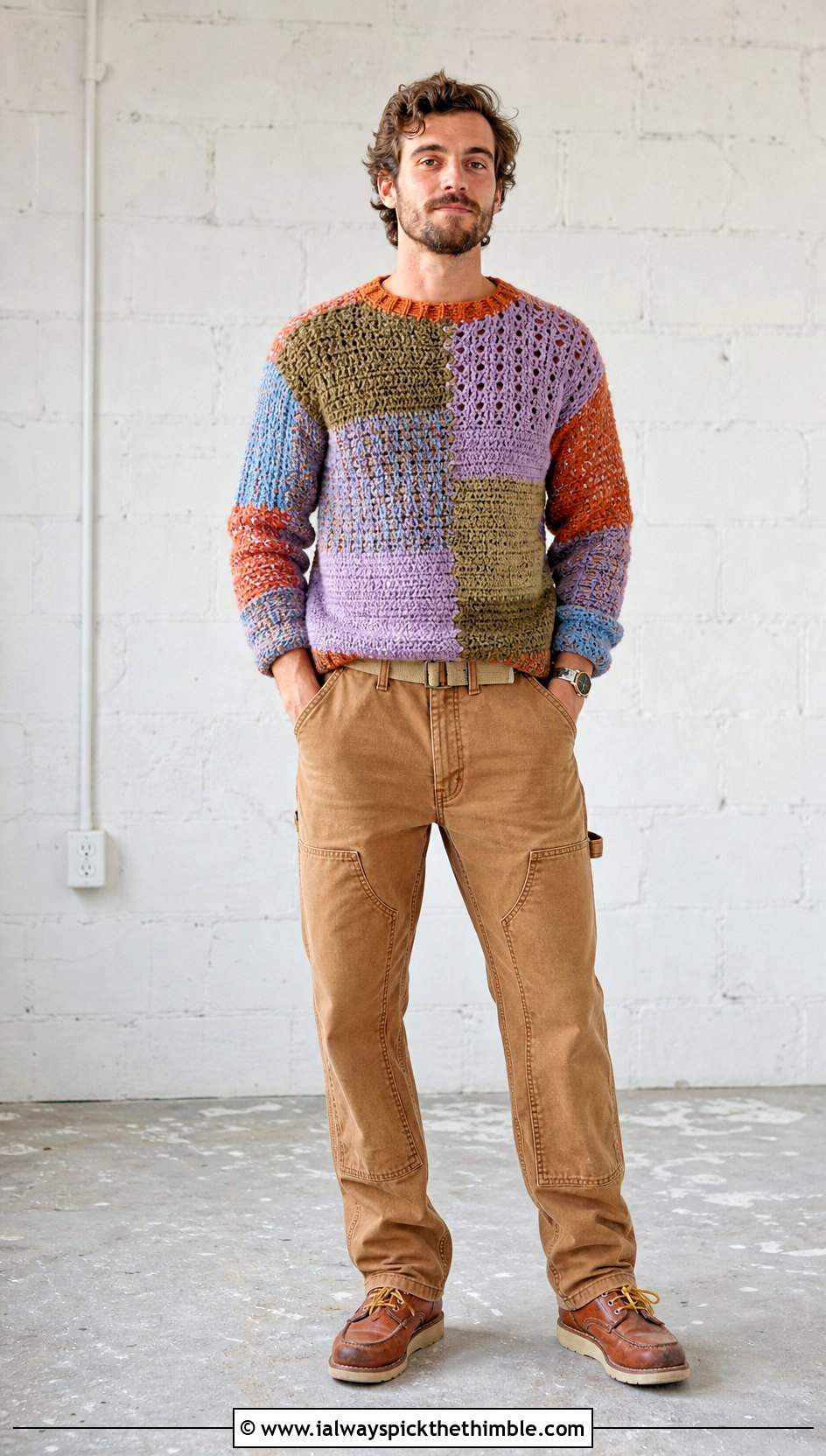 Patchwork Crochet Sweater With Workwear Pants - 20 men's crochet sweater outfit ideas