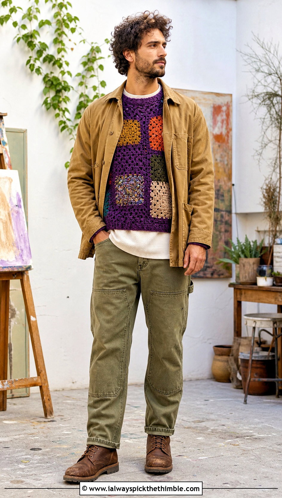 Patchwork Crochet Sweater With Workwear Pants - 20 man crochet sweater outfit ideas
