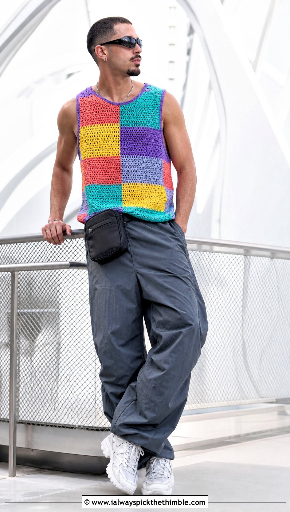 Patchwork Crochet Tank Top With Parachute Pants - 20 crochet mens tank top outfit ideas