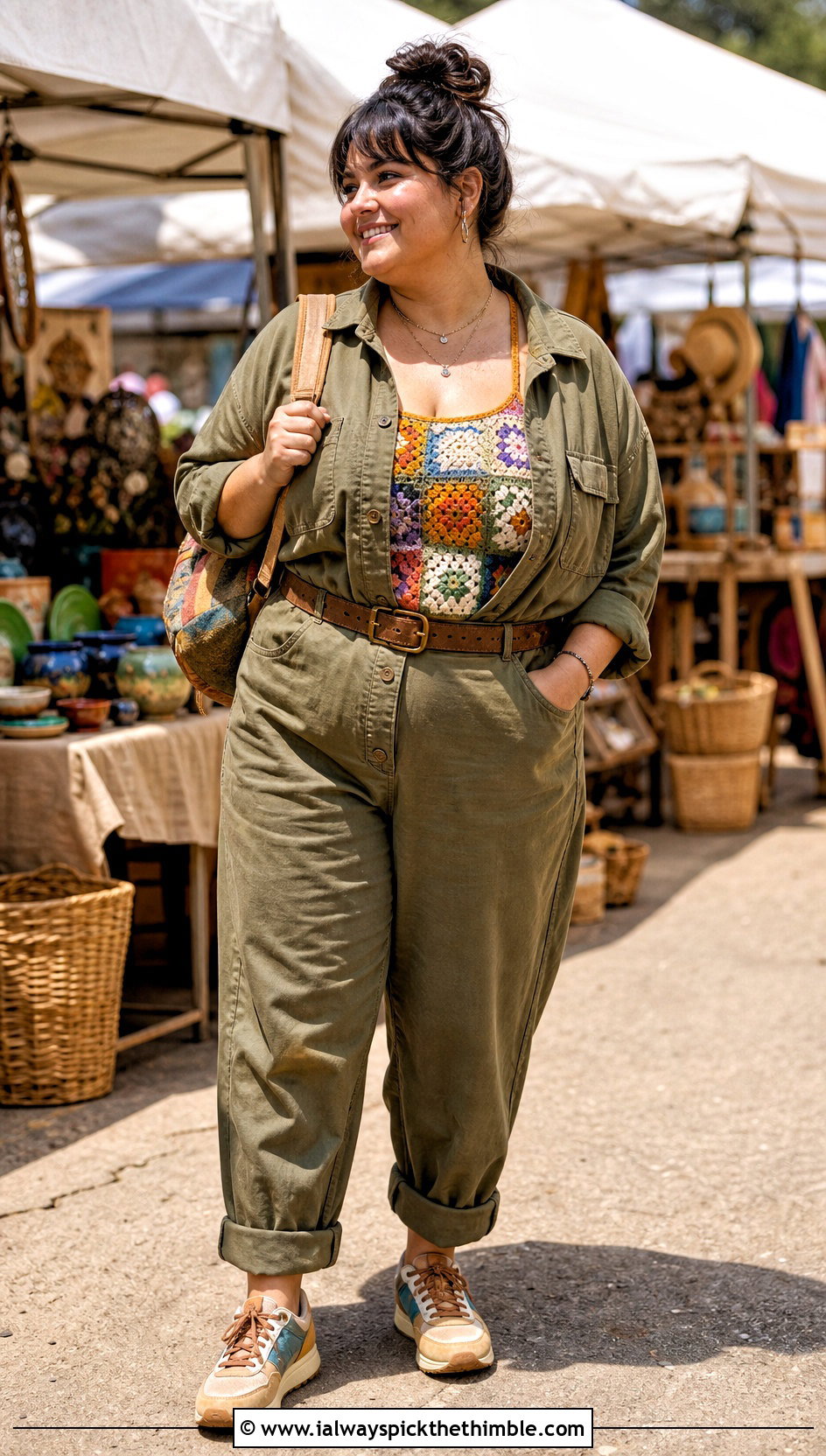 Patchwork Crochet Tank Top With Utility Jumpsuit - 20 plus size crochet tank top outfit ideas