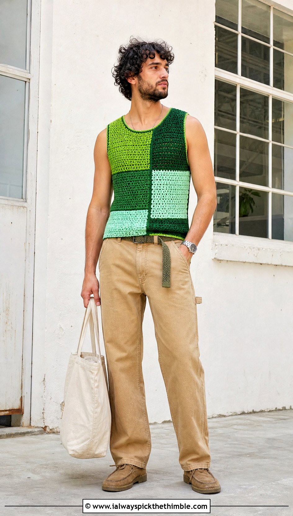 Patchwork Crochet Tank Top With Workwear Pants - 20 Mens Crochet Tank Top outfit ideas
