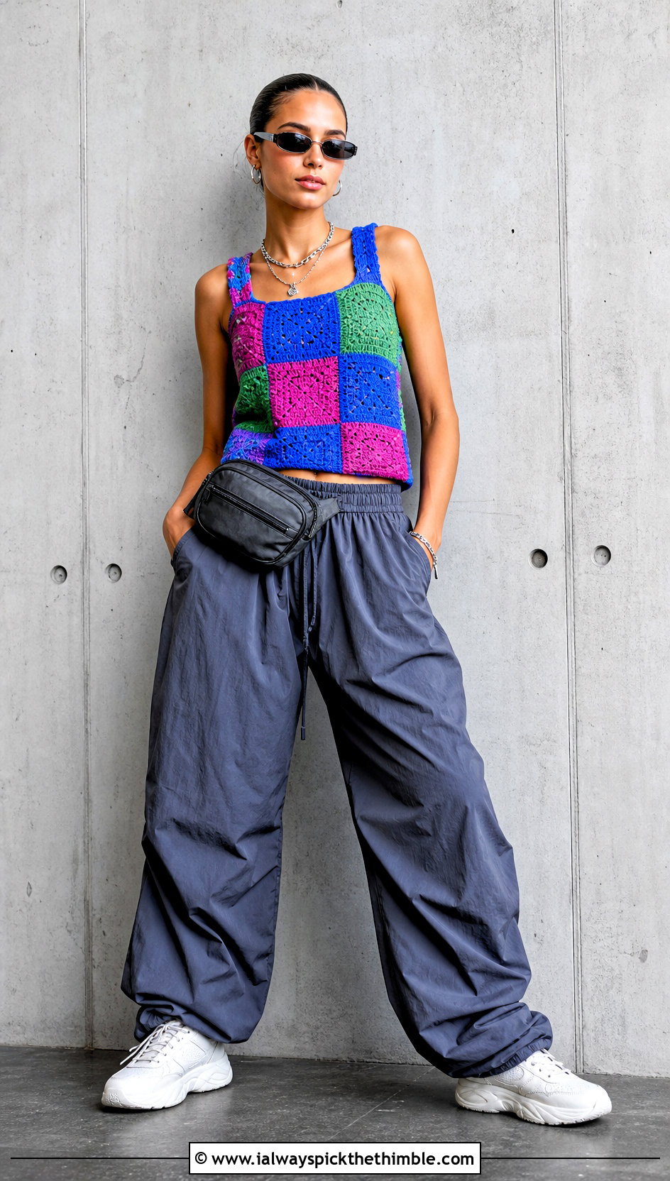 Patchwork Crochet Tank With Parachute Pants - 25 crochet tank outfit ideas