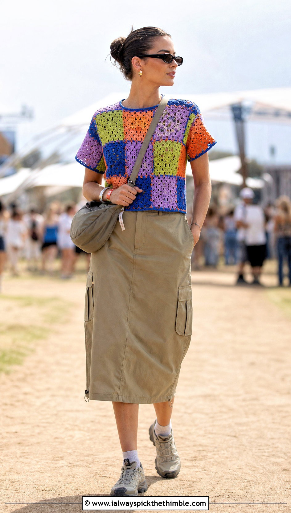 Patchwork Crochet Tee With Cargo Midi Skirt - 25 crochet festival top outfit ideas