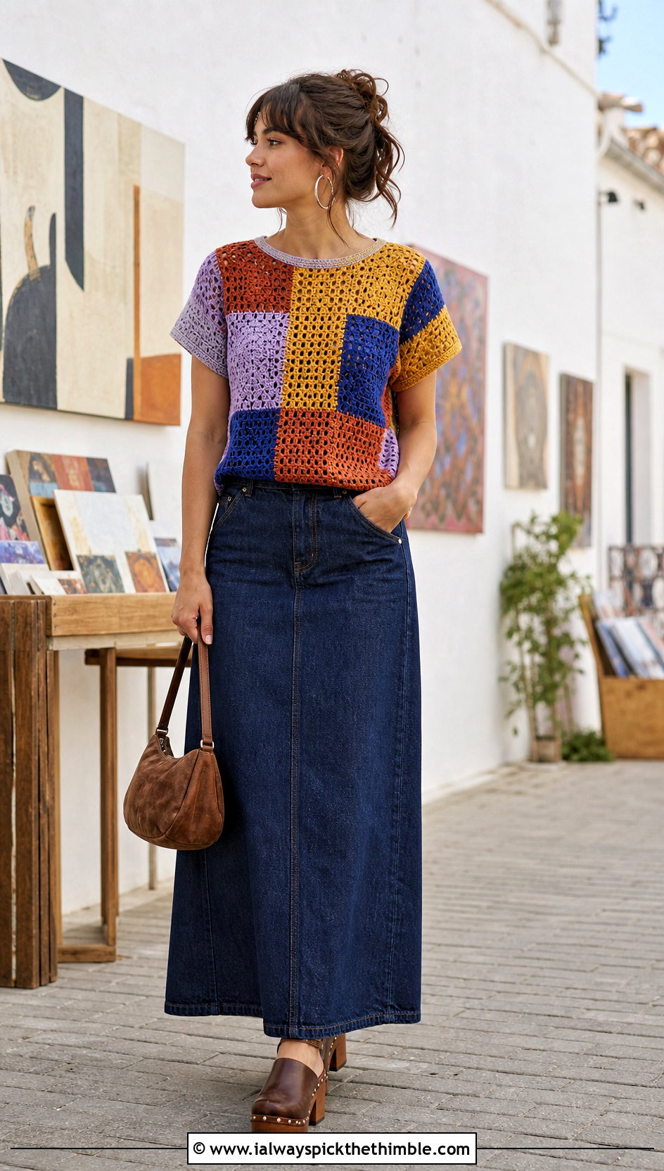 Patchwork Crochet Tee With Dark Denim Maxi Skirt - 25 crochet tee shirt outfit ideas