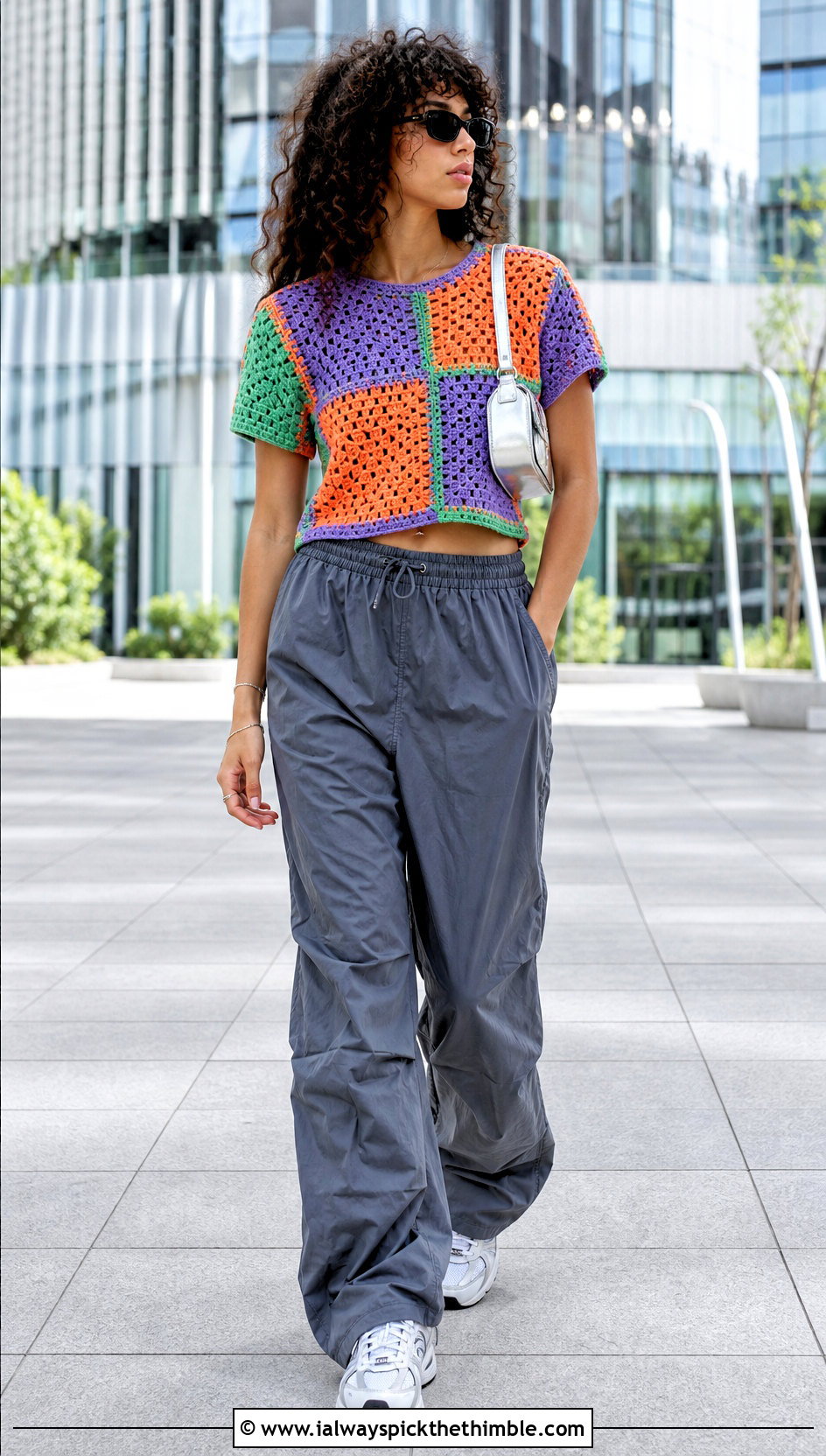 Patchwork Crochet Tee With Parachute Pants - 25 crochet tee outfit ideas