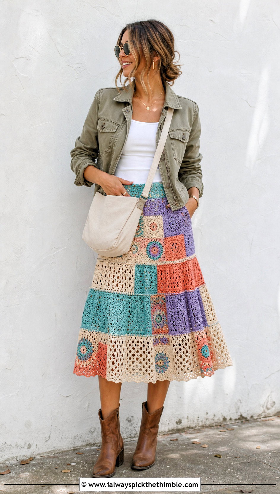 Patchwork Crochet Tiered Skirt With Utility Jacket - 25 crochet tiered skirt outfit ideas