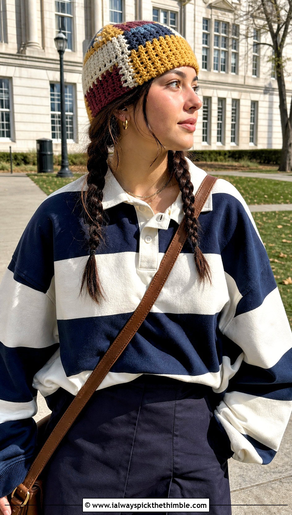 Patchwork Crochet Tiny Cap With Rugby Shirt - 25 crochet tiny hat outfit ideas