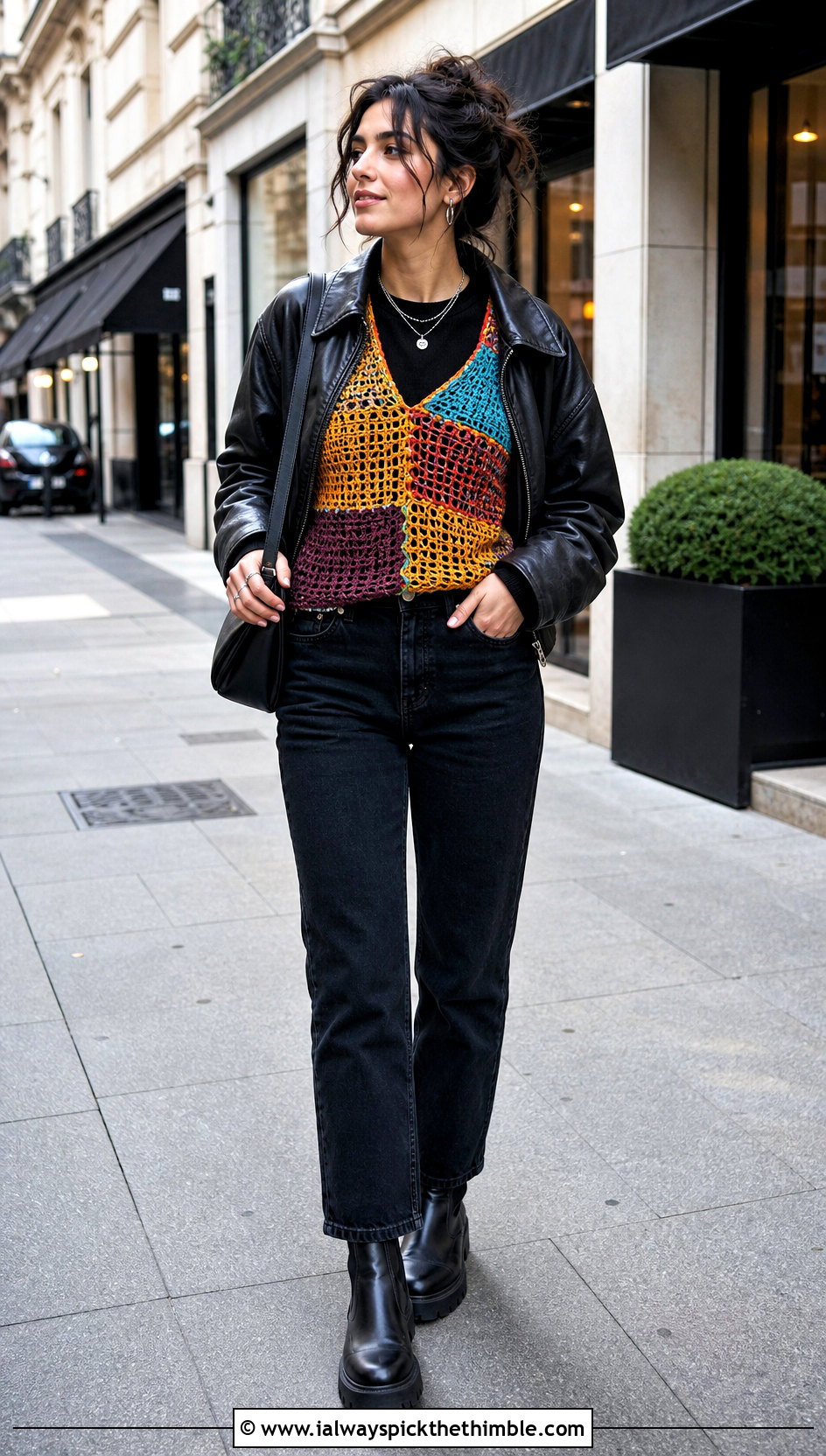 Patchwork Crochet Top With Black Denim - 25 crochet fall top outfit ideas