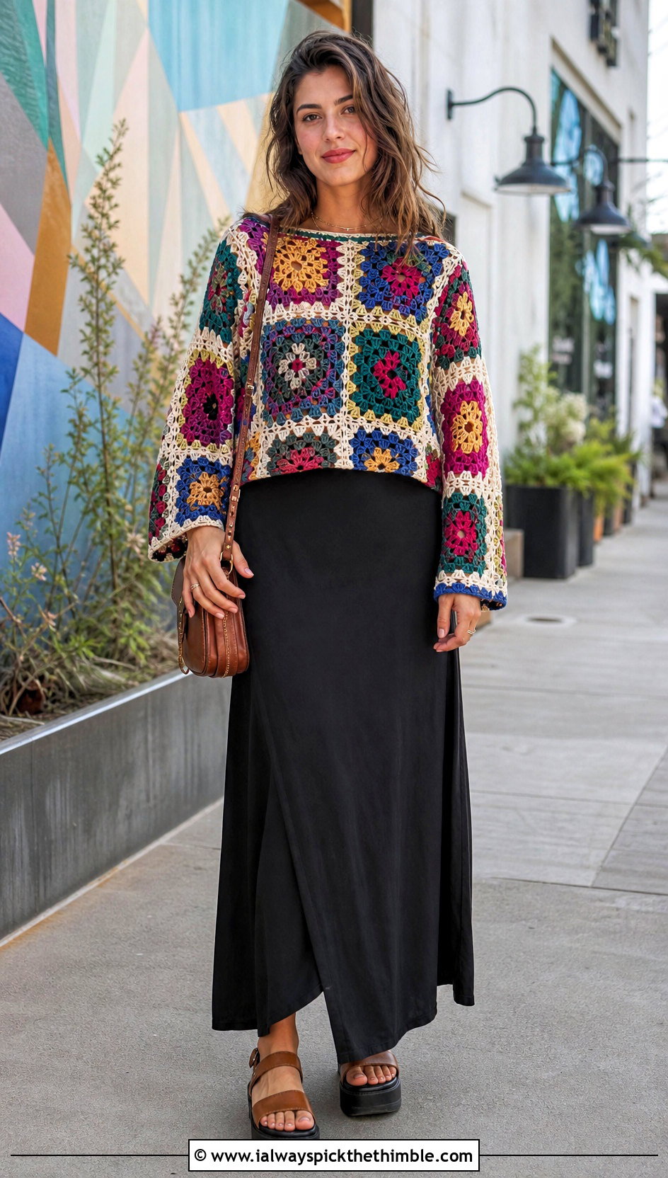 Patchwork Crochet Top With Black Maxi Skirt - 25 crochet tops with sleeves outfit ideas