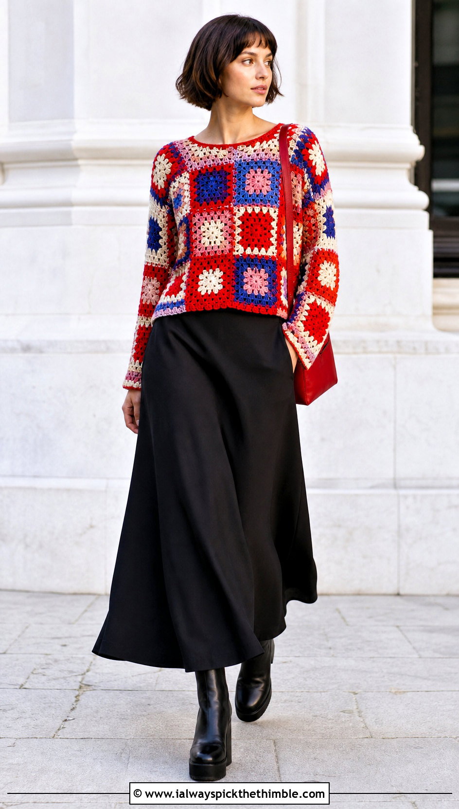 Patchwork Crochet Top With Black Maxi Skirt - 25 aesthetic crochet top outfit ideas