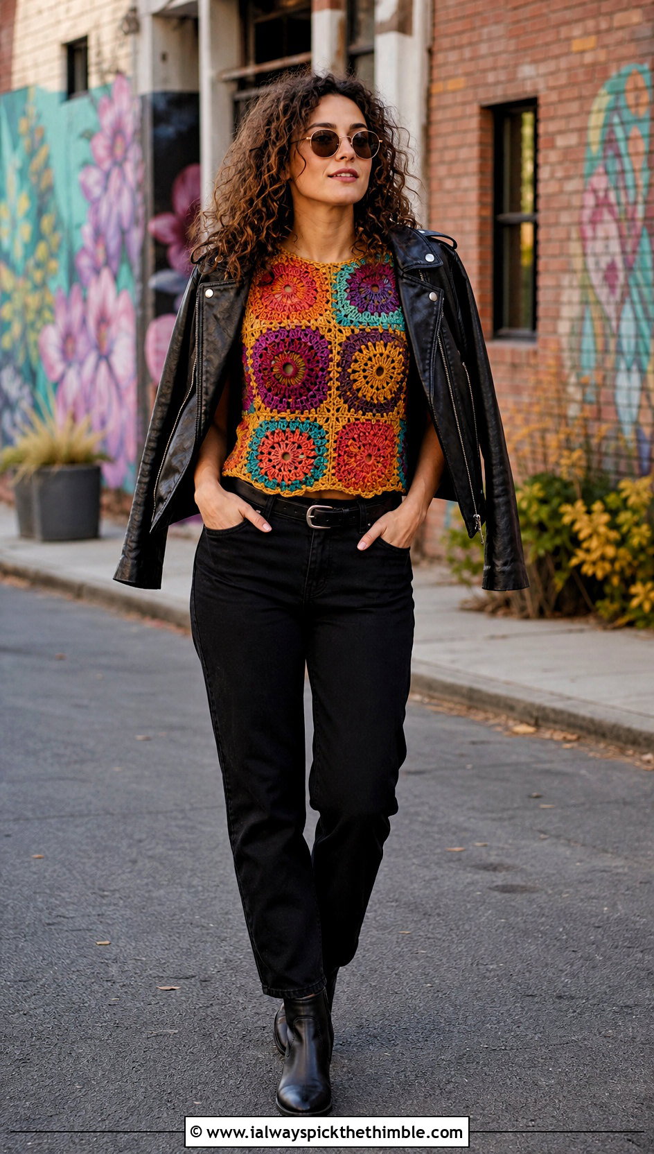 Patchwork Crochet Top With Black Straight Leg Jeans - 20 Crochet Tops For Fall outfit ideas