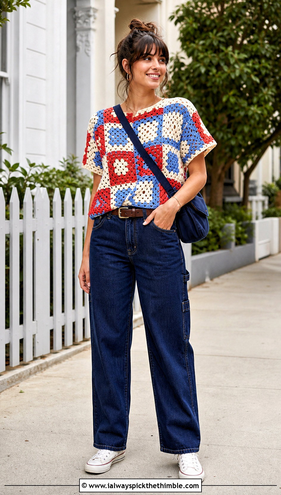 Patchwork Crochet Top With Carpenter Jeans - 25 style crochet top outfit ideas