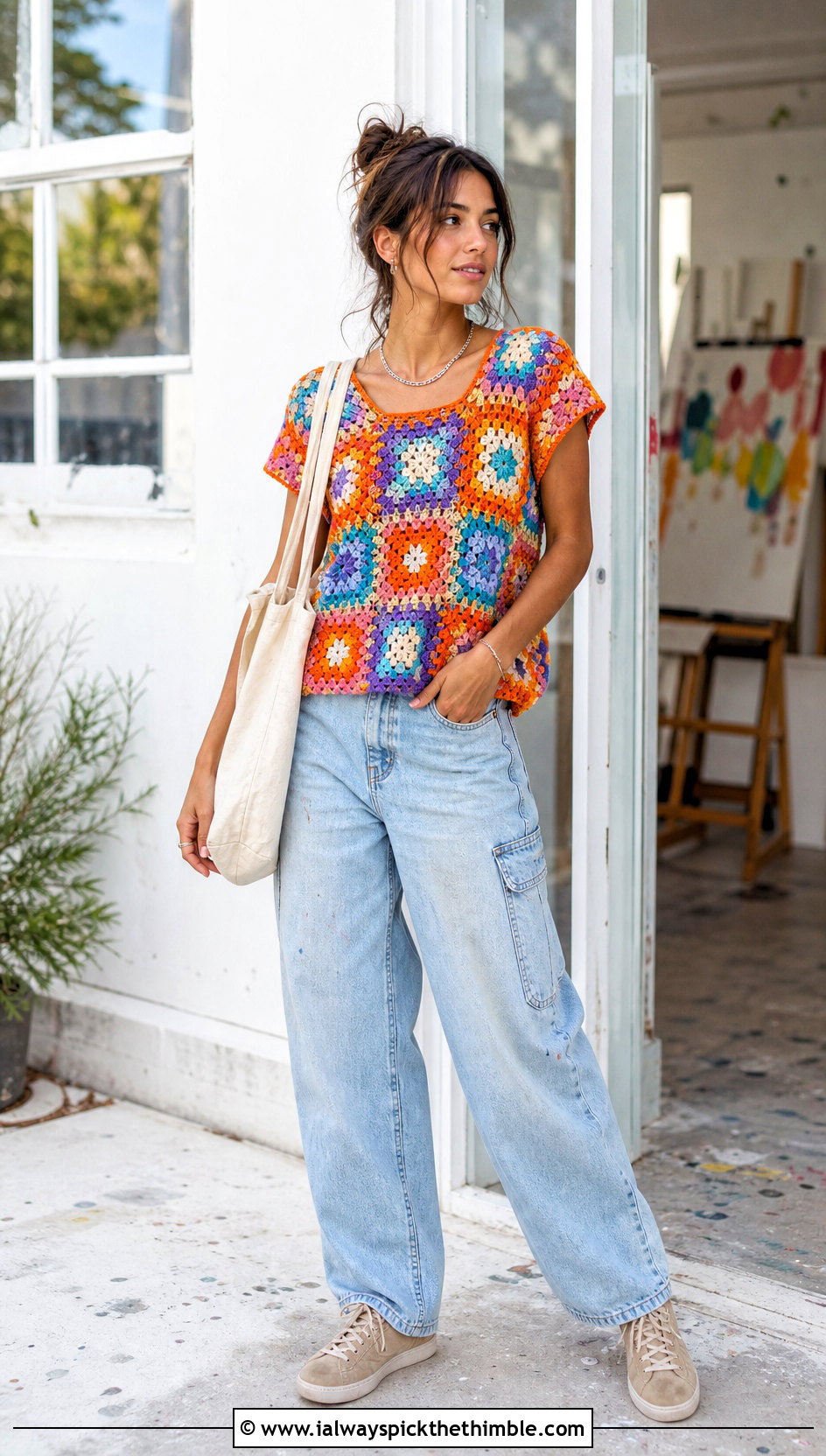 Patchwork Crochet Top With Carpenter Jeans - 25 freehand crochet top outfit ideas