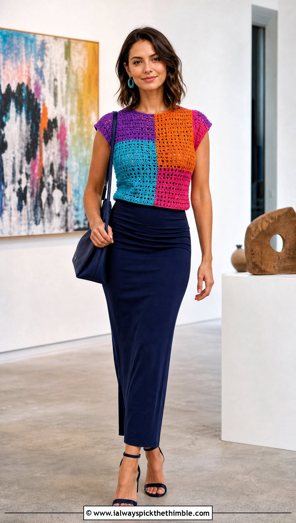 Patchwork Crochet Top With Column Skirt - 25 crochet tops outfit ideas