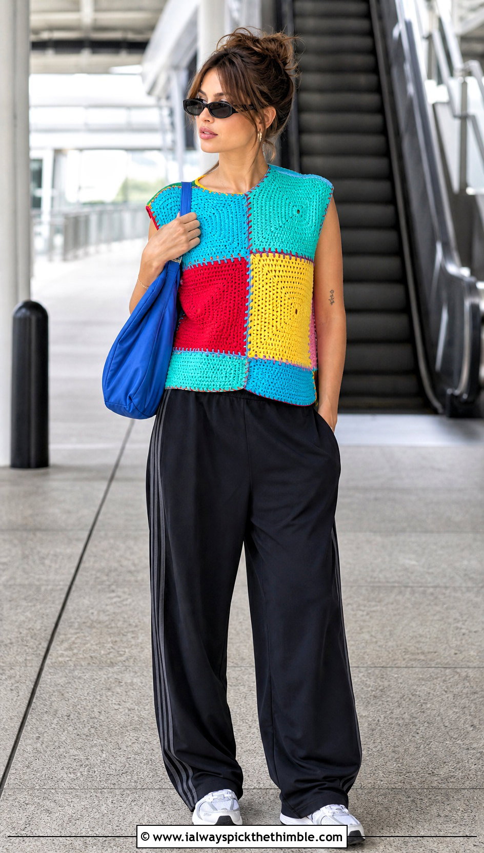Patchwork Crochet Top With Track Pants - 20 Etsy Crochet Top outfit ideas