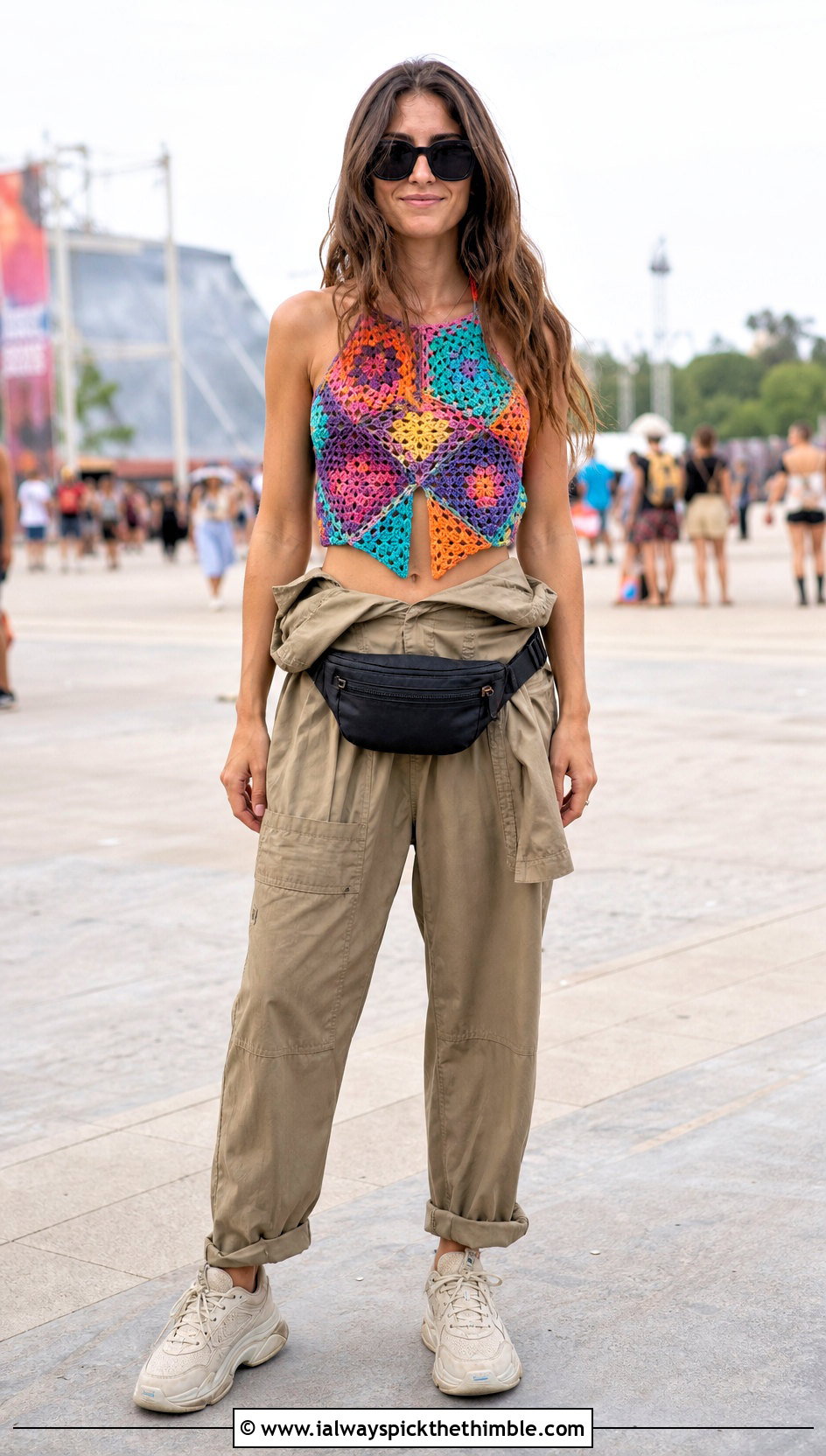 Patchwork Crochet Top With Utility Jumpsuit - 25 Crochet Top Festival Outfit ideas